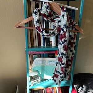 Skinny Striped Crochet Scarf in Raspberry and Blue